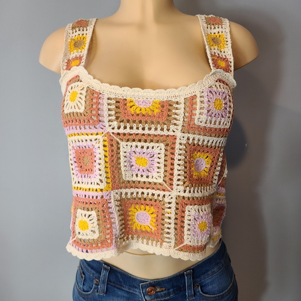 New In Crochet Top Crochet Oversized Small Granny Square Boho Festival Brown